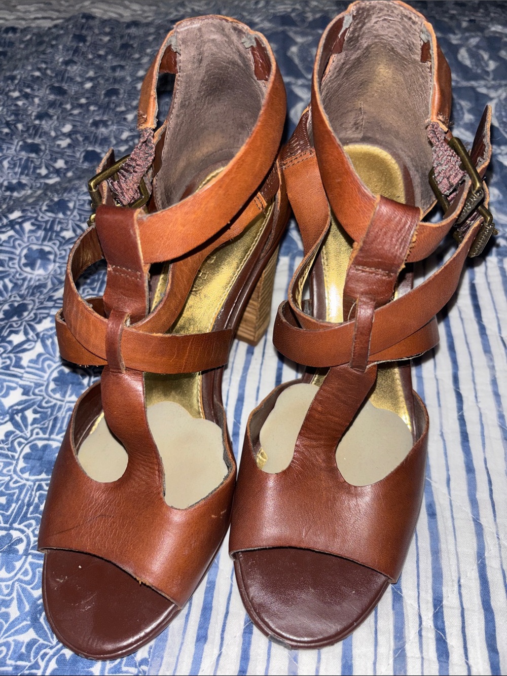 Lauren Ralph Lauren Cognac Leather Strappy Block Heel Sandals